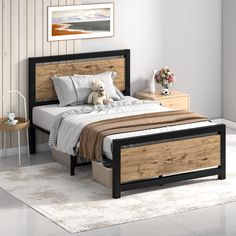 a bedroom with a bed, nightstands and a teddy bear