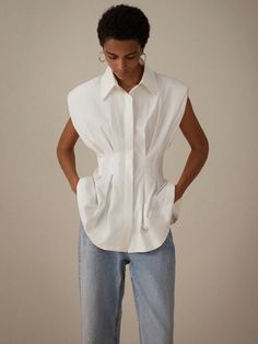 White Casual Collar Sleeveless Woven Fabric Plain Shirt Embellished Non-Stretch Spring/Fall Women Clothing At Home Clothes, Cap Sleeve Shirt, Casual Cap, Plain Shirt, Women Blouses, Vest Shirt, Plain Shirts, Elegant Shirt, Sleeveless Vest