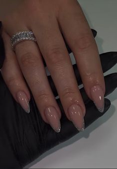 Almond Nails With Silver Tips, French Tip Acrylic Nails Almond Silver Glitter, Sparkle Tip Nails Glitter, Sliver Almonds Nails, Classic Prom Nails, Classic Nails Elegant Almond, Sparkling French Tip Nails, New Years Nail Designs 2025, Nail Ideas Glitter Sparkle