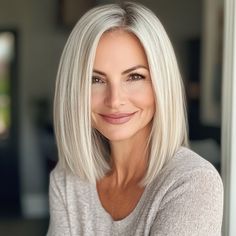 capecod8999 A pretty 45 year older woman with Sleek Lob with 450c685c 1b80 4943 afd2 6a2bc733d164 2 Silver Blonde Bob Hairstyles, Medium Bob Hairstyles Shoulder Length, Shoulder Length Blonde Bob, Lob Hair Styles, White Silver Hair, Sleek Lob, White Blonde Bob, Short Shoulder Length Hair, Straight Lob