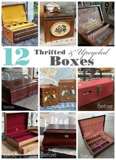 twelve thrifted and unopened boxes are shown in this collage with the words, 12 thrifted and unpacked boxes before