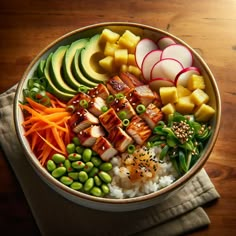 a bowl filled with vegetables and meat on top of rice next to sliced avocado