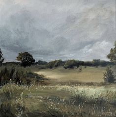 an oil painting of a field with trees in the distance