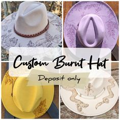 *This is a deposit ONLY* **Custom orders placed now cannot be guaranteed to arrive before Christmas. If you're in a rush check out my other hats** Before I start burning your hat you'll be required to pay the rest of the price in an additional listing. Expect to pay within the range of $75-$200 for the total price. (Prices are calculated based on intricacy of the design and cost of materials.) Once you pay your deposit, we will communicate back and forth through etsy messages where you can descr Custom Curved Brim Hat As Gift, Custom Short Brim Hat As Gift, Custom Flat Brim Hats For Gifts, Custom Flat Brim Hat As Gift, Burned Hats For Women, Burnt Hat Design, Burned Hat Design, Hat Burning Ideas, Custom Cowgirl Hats