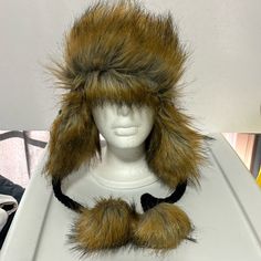 New Without Tags Adjustable Faux Fur Trim Hats For Cold Weather, Black Hat With Faux Fur Lining And Ear Flaps, Fur Ushanka Hat, Trapper Hat Black Fur Long Side, Womens Fur Trapper Hat, Trapper Hats, Fake Fur, Black And Tan, Women Accessories