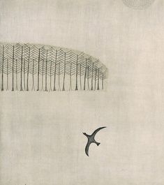 a bird flying in front of a drawing with trees on the other side of it