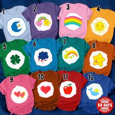 an image of children's t - shirts with numbers and symbols on them in different colors