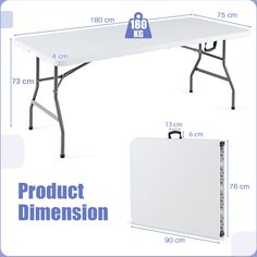 the table is white and has measurements for each item in front of it, along with an additional height guide