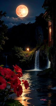 the full moon shines brightly over a waterfall and red flowers in the foreground