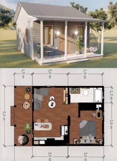 the floor plan for a tiny house is shown in two different views, with one bedroom and