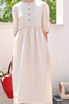 Short Sleeve Summer Women Linen Dresses Solid Color Linen Dress For Daywear, Beige Linen Dress Solid Color, Beige Linen Solid Color Dress, Linen Dress For Daywear, Summer Beige Dress With Pleated Hem, Beige Summer Dress With Pleated Waist, Beige Spring Dress With Pleated Hem, Spring Beige Dress With Pleated Hem, Beige Pleated Hem Dress For Spring