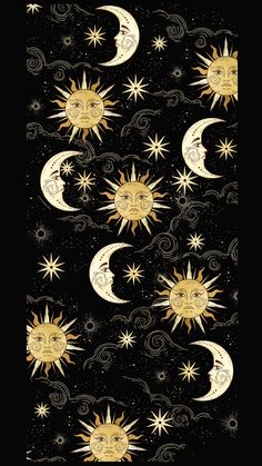 the sun, moon and stars are depicted in this black background with gold foil on it