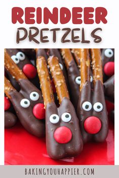 chocolate pretzels with reindeer noses and eyes on a red plate