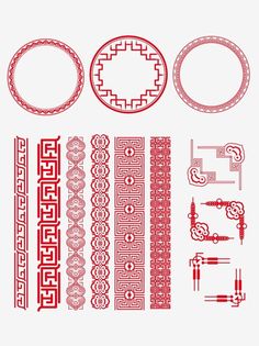 an assortment of red and white designs on a white background