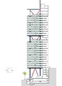 an architectural drawing of a tall building with red lines on the side and white walls