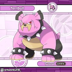 a pink and black pokemon card with an angry looking cat on it's chest