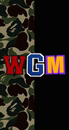 the word w g m is in front of an image of camo print with red, yellow and blue letters