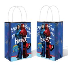 two bags with the same image on them, one has a woman holding a man