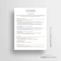 a professional resume template with an orange accent on the top and bottom corner is shown