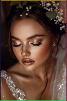 a woman with flowers in her hair and makeup