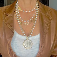 A perfect addition to your neck stack, our freshwater pearl chain with matte gold Templar Cross can be layered with other pearls and gold pieces. White freshwater pearls measure 10-12 mm, on 14k gold plated wire. Can be worn 3 different ways! Truly a classic that can be worn for many years to come🌟❤️ Measures 40” long, free from lead, cadmium and nickel. Neck Stack, Templar Cross, Gold Piece, White Freshwater Pearl, Fresh Water Pearl, Lovely Jewellery, Custom Jewelry Design, Pearl Chain, Matte Gold