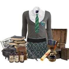 a woman wearing a skirt, sweater and tie with harry potter items around her on a white background