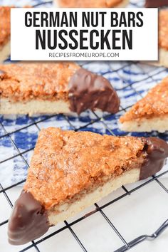 chocolate covered german nut bars on a cooling rack with text overlay that reads, germany nut bars nussecken