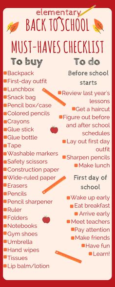 the back to school must haves checklist is shown in red and white with an orange background