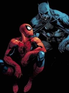 two spider - man sit next to each other in front of a black background,