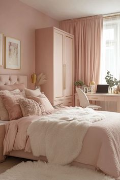 a bedroom with pink walls and white fur on the bed