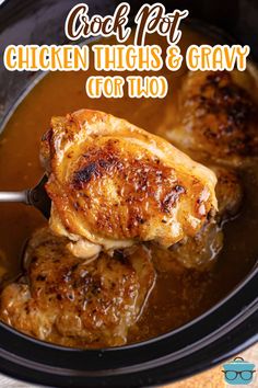 chicken thighs and gravy in a slow cooker with text overlay reading god's pot chicken thighs and gravy for two