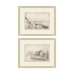 two framed drawings of water and trees