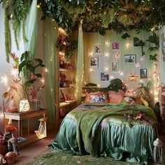 a bedroom decorated with plants and fairy lights