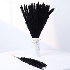 a white vase filled with black feathers on top of a table