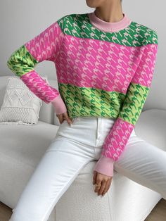 Colorblock Sweater, Knit Sweaters, Houndstooth Pattern, Color Block Sweater, Bear Pattern, Green Sweater, Contrast Trim