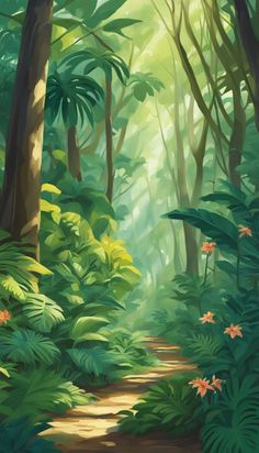 Tropical Forest Cute Aesthetic Background Illustration, Phone wallpaper (iPhone, Android) - Click to download 50+ similar high-resolution images and ideas for free (personal and commercial license)! Jungle Digital Art, Jungle Illustration Background, Tropical Forest Illustration, Background Forest Illustration, Forest Aesthetic Background, Tropical Jungle Illustration, Tropical Backgrounds, Illustration Phone Wallpaper, Cartoon Jungle