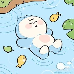 a cartoon character floating in the water surrounded by fish