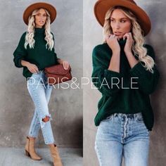 Our Warm Embrace Emerald Green Turtleneck Sweater Offers An Effortless Layer Of Chicness In A Beautiful Emerald Green Knit. Fitting Relaxed With A Subtly Oversized Body, Turtle Neckline And Drop Shoulder Long Sleeves. A High-Low Side Split Hem Makes It Perfect For A Cute Front Tuck Into Denim Or Leggings! Green Turtleneck Sweater Outfit, Jewel Tone Style, Forest Green Outfits For Women, Emerald Green Outfit Ideas Casual, Hunter Green Sweater Outfit, Emerald Green Sweater Outfit, Christmas Jeans Outfit, Emerald Green Outfits, Emerald Green Outfit Ideas