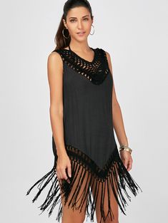 Up to 60% off. Free shipping worldwide.Sleeveless Fringed Cover Up Dress for Beach.#coverup #beach #dresses #summer #summerstyle #beachoutfits#rosegal Dress For Beach, Black Cover Up, Beach Dresses Summer, Womens Clothing Online, Cheap Womens Clothing