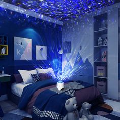 a bedroom decorated in blue and white with stars falling from the ceiling, bed spread across the room