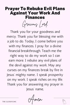 a prayer card with the words prayer to roboke evil plans against your work and finance