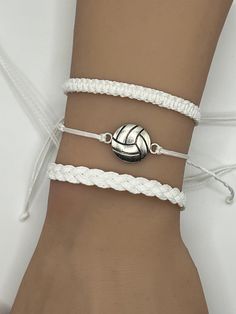 Volleyball bracelet sand volleyball bracelet team gifts coach gifts waxed string cord adjustable braided knotted charm bracelet set volleyball jewelry. SIZING: White Braided Bracelet:  6 - 11 inches CARE: Bracelets are durable, but excess pulling or yanking may cause them to break. SPECIAL NOTES: Your new bracelet may be slightly sticky/tacky for a few days.  This will not last, but may make adjusting slightly difficult for a bit. White Friendship Bracelet With Sliding Knot And Waxed Cord, White Braided Jewelry Gift, White Braided Jewelry As A Gift, White Braided Jewelry For Friendship, White Friendship Bracelets With Sliding Knot In Waxed Cord, Casual White Braided Bracelets With Adjustable Length, Adjustable White Braided Beaded Bracelets, White Braided Casual Jewelry, Adjustable White Waxed Cord Friendship Bracelets