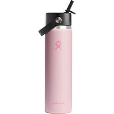 the hydro flask water bottle is pink with a black lid and has a stainless steel spout