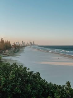 the beach and city skyline are seen in the distance