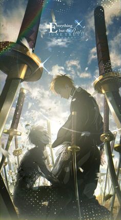 an anime scene with two people in front of the sky and one person holding swords