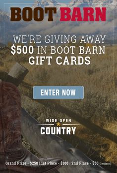 We're giving away over $500 in Boot Barn gift cards. You could be one of five lucky winners! Enter to win by signing up here. Boot Barn, Viral Marketing, Gift Card Giveaway, Enter To Win, Gift Cards