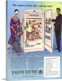 an old advertisement for the refrigerator with two people looking in it and one man standing by