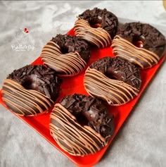 six chocolate covered donuts on an orange tray