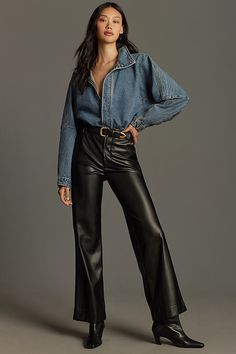 The high-rise, wide-leg Mia Pants by Joe's Jeans has the comfort and ease of stretch with a subtle faux-leather sheen. | The Mia High-Rise Wide-Leg Faux-Leather Pants by Joe's Jeans in Black, Women's, Size: 34, Polyester/Leather/Polyurethane at Anthropologie Denim And Leather Pants, Leather Pants Wide Leg Outfit, Black Leather Pants Fall Outfit, Business Casual Leather Pants, Rocker Chic Work Outfits, Leather Pants Women Outfit, Leather Women Outfit, Black Leather Pants Outfit Fall, Wide Leather Pants Outfit