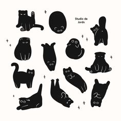 black and white silhouettes of cats, including one with its eyes closed while the other has